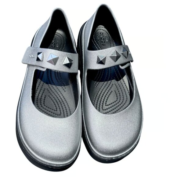 NEW Crocs Stomp Metallic Silver Studded Mary Jane Platform Clogs Size W11/M9 - Picture 2 of 8